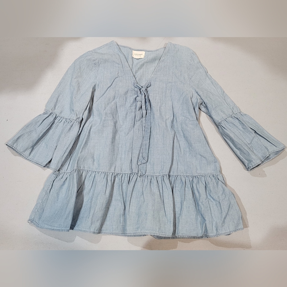 Sezane Light Blue Ruffle Sleeve Top